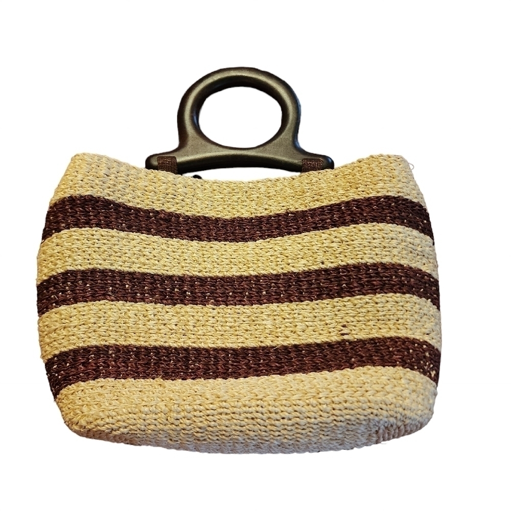 Two Tone Woven Bag Wooden Handles Zipper